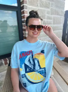 Amalfi Coast Vintage Graphic Oversized Tee – Blue Beach Cover Up T-Shirt