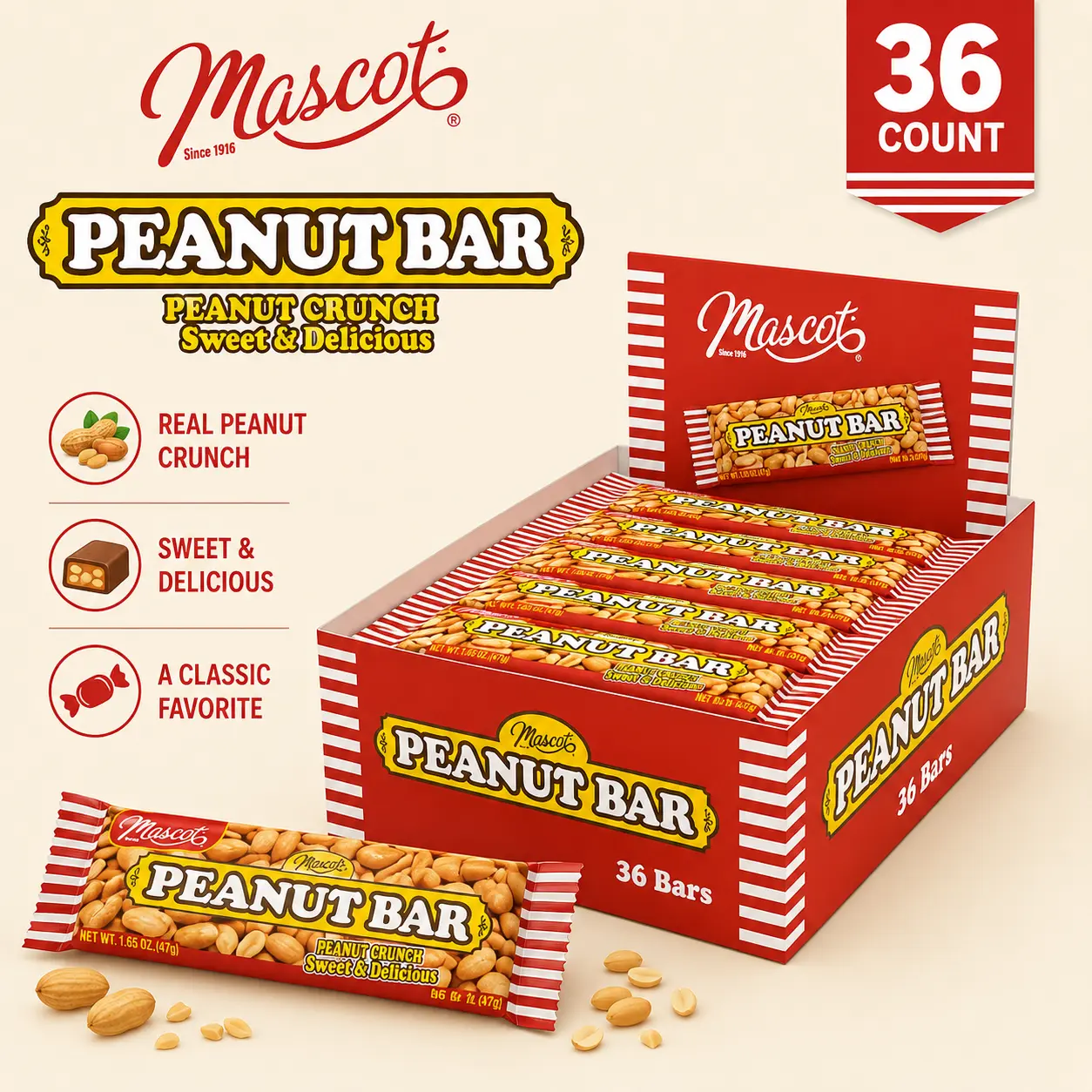 Mascot Crunchy Peanut Candy Bar, 1.65 oz, 36-Count Crispy Bar Snack - Sweet Candies, Crunchy Treat