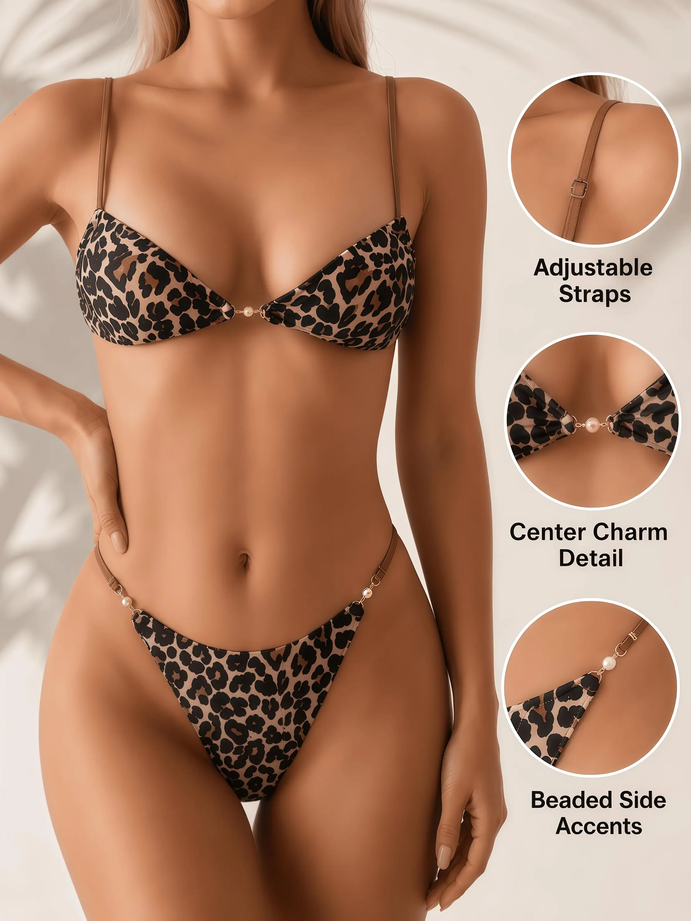 Women’s Leopard Print Triangle Bikini Set – Metal Chain Detail Halter Swimwear, Adjustable Straps, High-Cut Thong Bottoms, Sexy Flattering Fit for Beach Vacation & Pool Party Beachwear Swimsuits