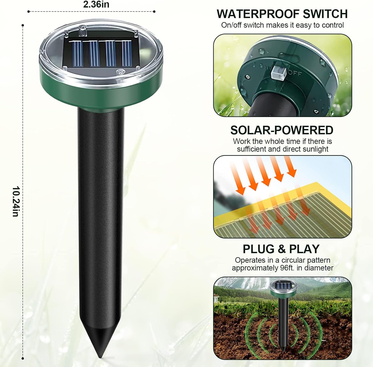 10 Pack Mole Repellent Solar Powered Ultrasonic Snake Repellent Sonic Gopher Deterrent Spikes Waterproof Outdoor Pest Repeller for Lawn Garden & Yard