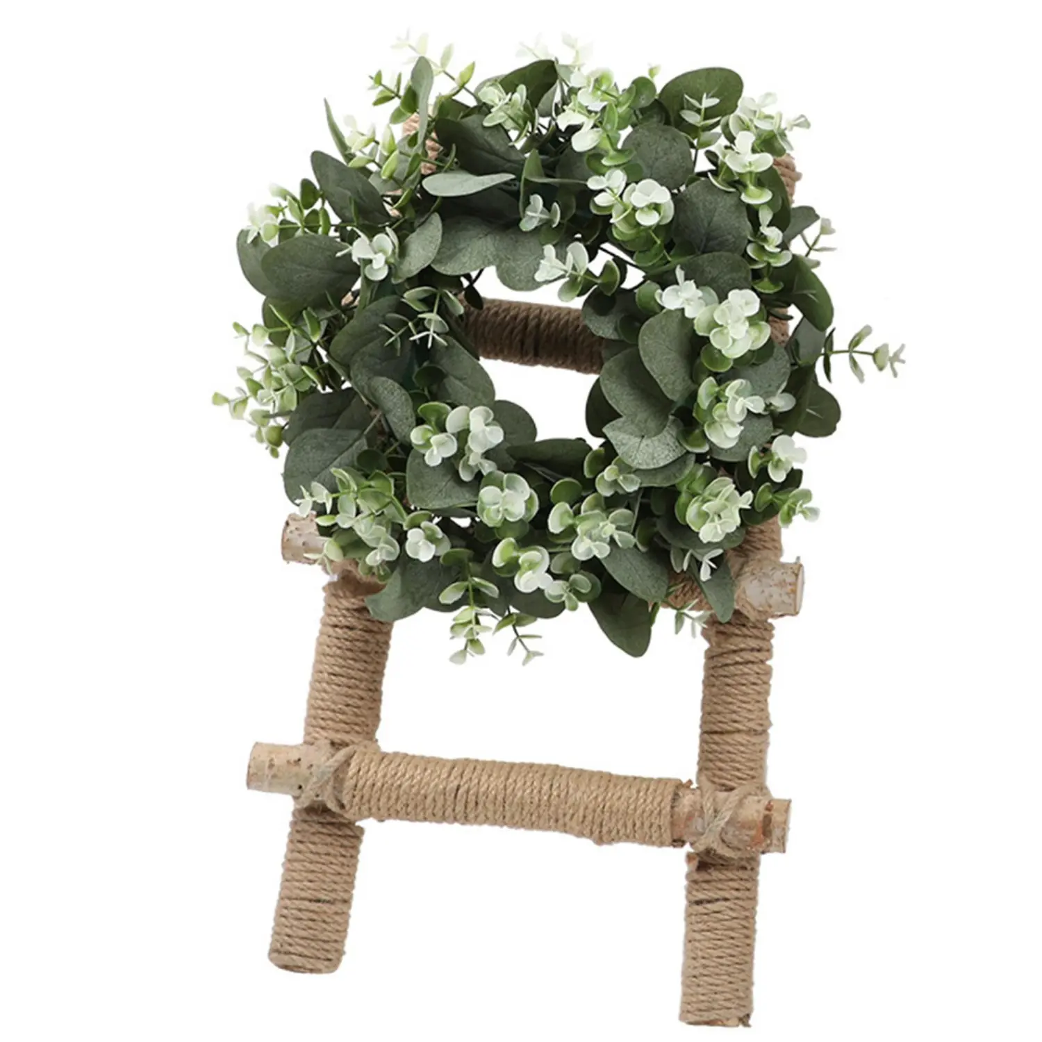 Small size Green Eucalyptus Leaf Wreath, 10 Inch Artificial Spring Summer Wreaths for Front Door Decor, Easter Eucalyptus Wreath with White Flower for Farmhouse Outside Year Round - Indoor/Outdoor