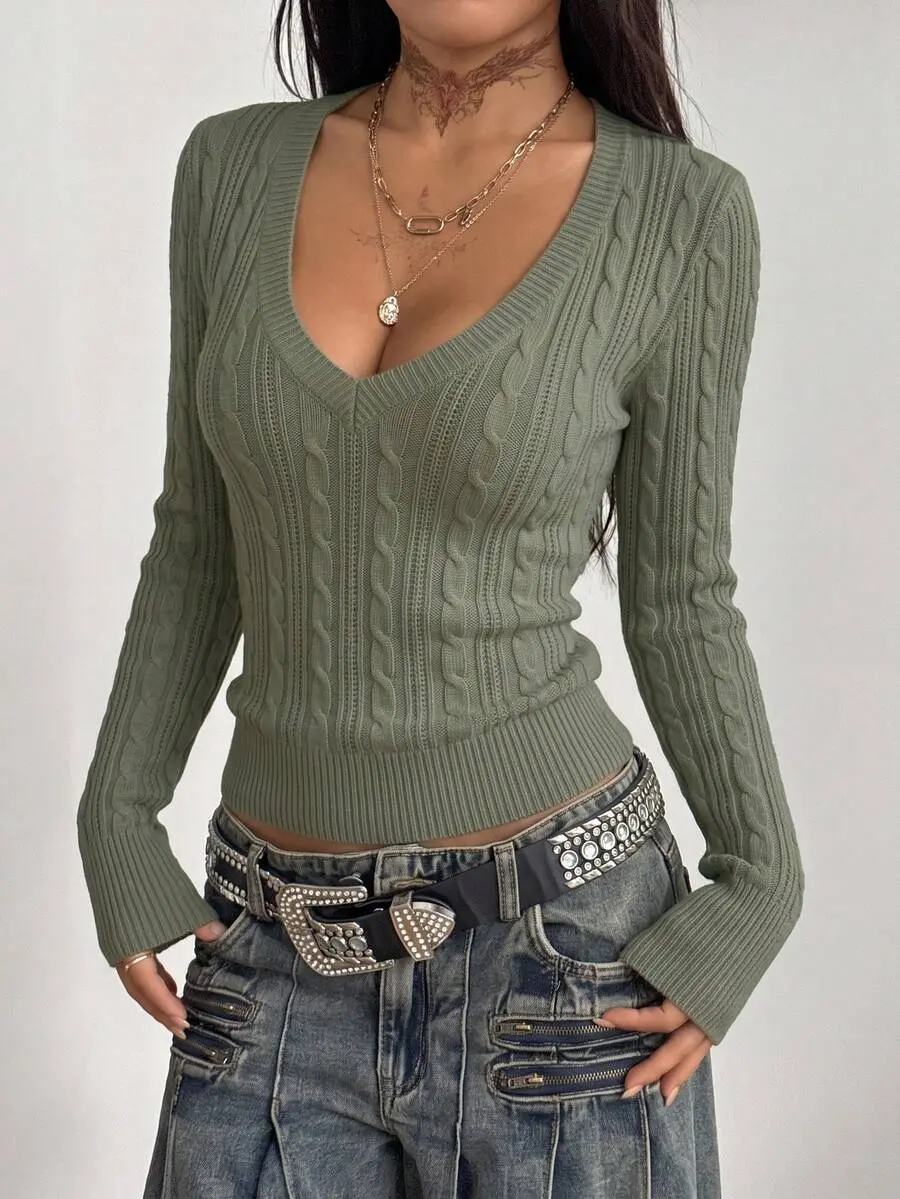 Women's Fall Winter Vintage Preppy Y2K Casual Sexy Old Money Basic Daily Wear Going Out Renaissance Fair Club Army Green Sweater Women's Winter Blouse