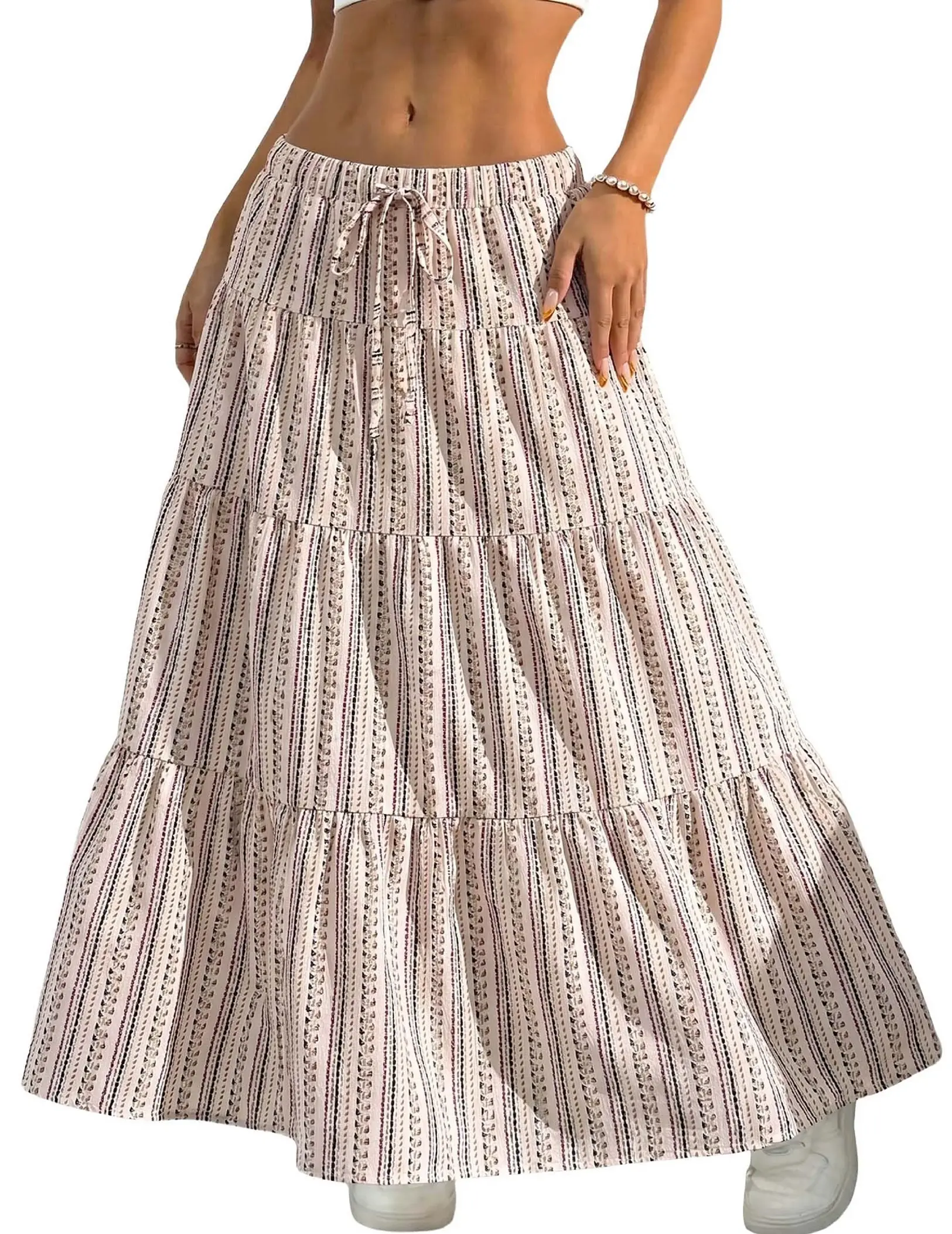 Women's Boho Bohemian Flowy Striped Maxi Skirt Ruffle Elastic Waist Long Striped Skirts |  Floral Patchwork Dress For Summer, A Line, High Waisted, 2026 Spring, Fall, Drawstring, Casual, Beach, Vacation, Midi Skirt with Lining Womenswear Bottom