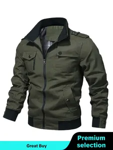 Men's Pocket Zipper Jacket, Regular Fit Casual Long Sleeve Funnel Neck Outerwear Clothing for Fall & Winter, Mens Menswear Clothes for Daily Wear Coats