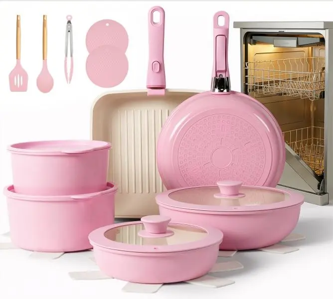 [SGS Certified]Kikcoin Ceramic Pro Non-Stick complete pots and pans set 22pcs Non-Toxic PFOAFree,Dutch oven,Cookware Set with Lids Detachable Handle,RV cook,Multifunctional,Healthy,milk pan,Roast Chicken Outdoor,,Easy Care,Kitchen,Mother’s Day gift tikt