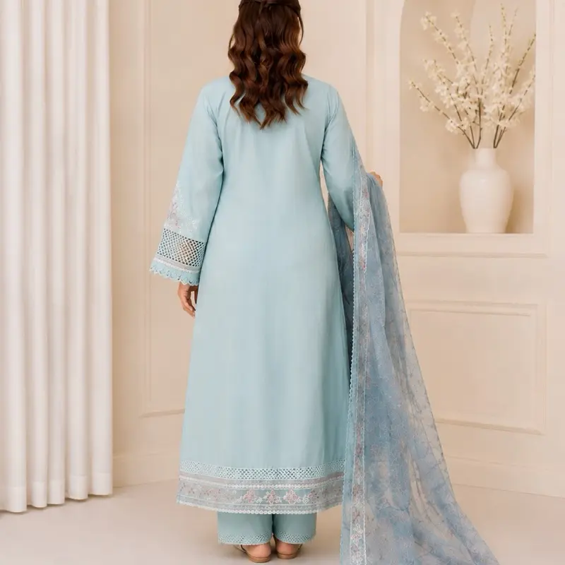 Women’s Sky Blue Embroidered 3-Piece Pants & Top Set with Dupatta