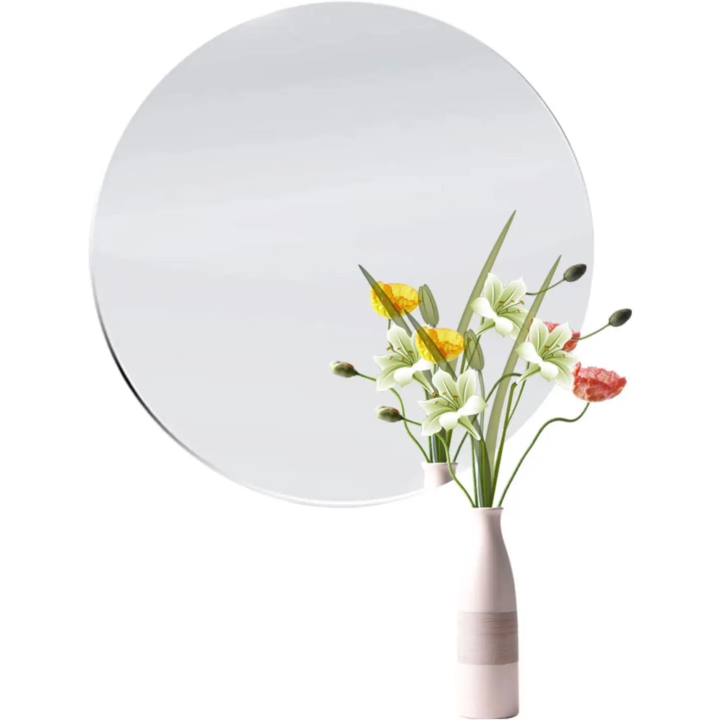 12 inch Glass Round Mirror Self Adhesive Frameless Wall Mounted Circle Mirror for Wall Door Home Bathroom Bedroom Living Room Decor