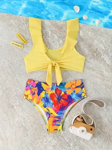 Girls' Bow Tie Bikini Set, Sleeveless Slim Fit Swimwear, Summer Beach, Fashion Swimsuit, Perfect for Pool Parties, Swimsuit Sets