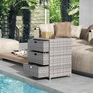 Patio PE Rattan Storage Cabinet Wicker Pool Organizer with 3 Drawers Gray Hand Woven for Outdoor Towels & Accessories 110 lbs Capacity