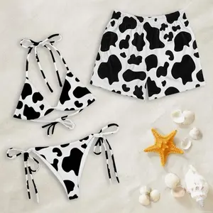 Cow Print Matching Couple Swimwear Set, Trendy Black White String Bikini & Mesh Swim Trunks, Perfect Gift for Beach Lovers LRQ
