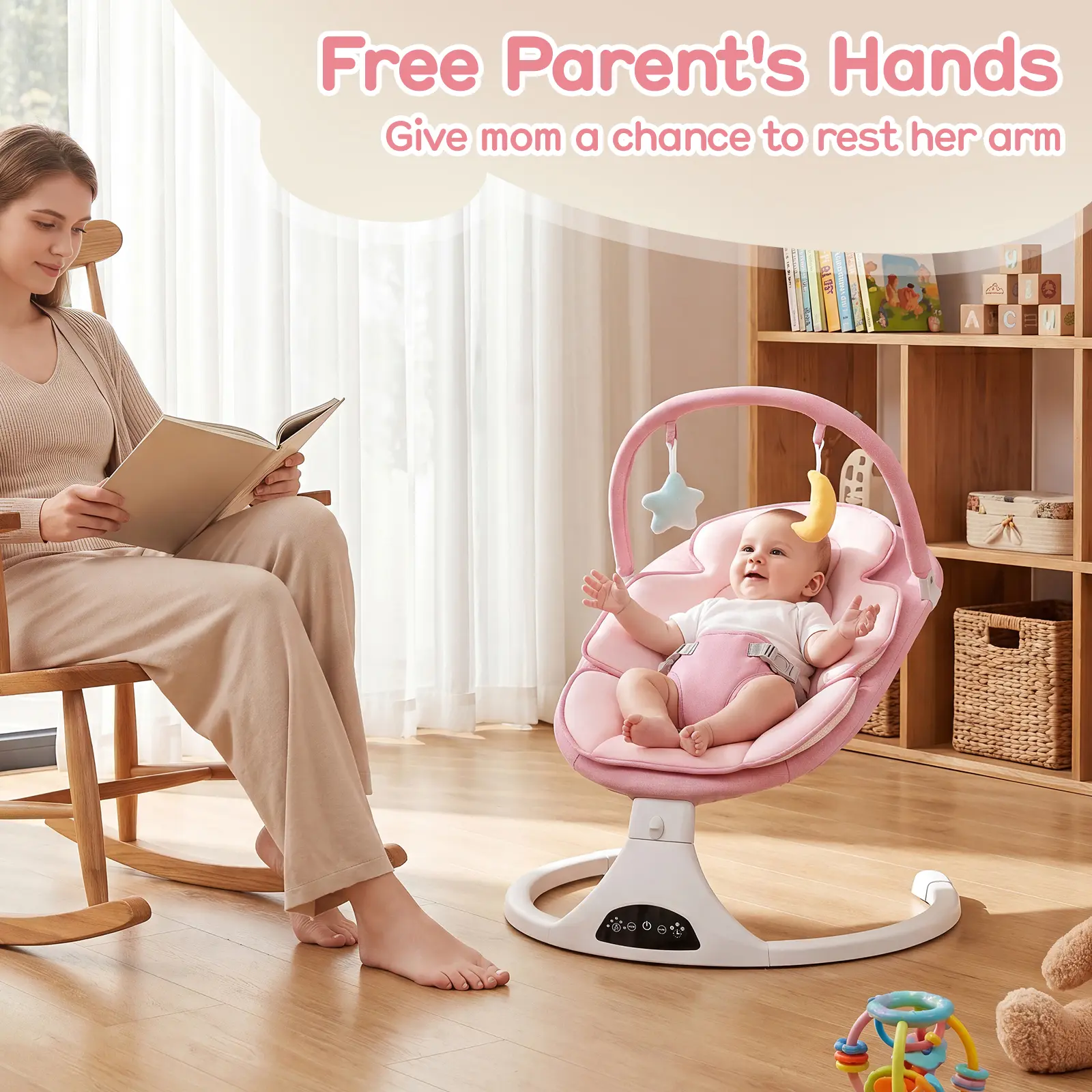 Electric Baby Swing & Bouncer for 0-12m Baby Kids, Remote-Controlled Indoor Rocker with 5 Sway Speeds, 1 Seat Position, 12 Music Tracks, Bluetooth & Portable Pink Unisex Design