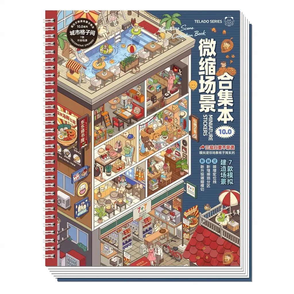 Multi-layer city street Christmas stocking micro scene sticker book; upgraded glossy waterproof pre-cut mini shop, character, and vehicle prop stickers; 7 realistic market scene 3D stacked handmade set (includes tweezers).