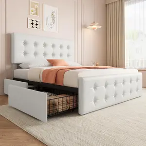 Queen Size Bed Frame with 4 Storage Drawers and Headboard, Faux Leather Upholstered Platform Bed Frame with Wooden Slats Support, Button Tufted Design, No Box Spring Needed, Beige