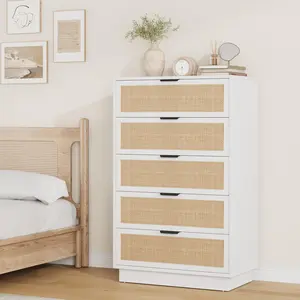 5-Drawer Rattan Dresser for Bedroom – Tall Narrow Chest, Space-Saving Vertical Storage Cabinet with Natural Wooden Handles – Modern Boho Organizer – Entryway, Hallway, Closet – Easy Assembly