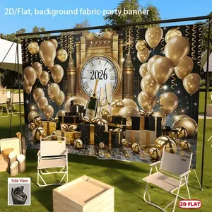 2D Flat 1pc Elegant Golden & Black New Year Celebration Party Banner 2026 Design with Champagne Balloons and Gifts Perfect for Home Office Bar Cafe Decor Versatile Use for Weddings