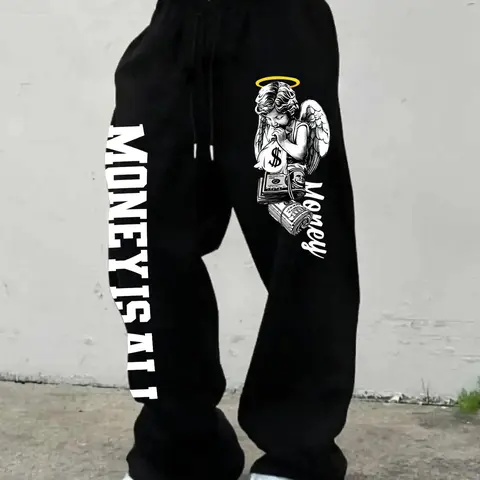 Men's Casual Comfy Sporty Loose-Fit Graphic Sweatpants, Letter Patched Sweatpants, Letter Print Sweatpants, Baggy Sweatpants, Drawstring Waistband, Adjustable Drawstring Sweatpants, All-Season Comfortable Pants, Perfect for Daily Wear & Outdoor Activities