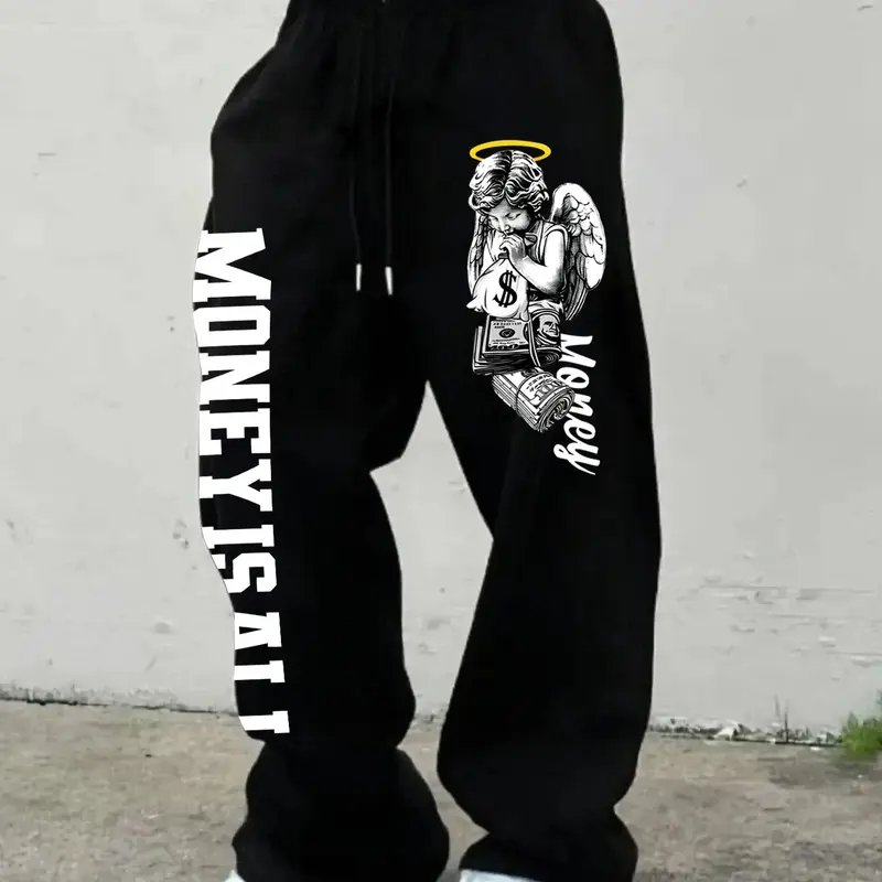 Men's Casual Comfy Sporty Loose-Fit Graphic Sweatpants, Letter Patched Sweatpants, Letter Print Sweatpants, Baggy Sweatpants, Drawstring Waistband, Adjustable Drawstring Sweatpants, All-Season Comfortable Pants, Perfect for Daily Wear & Outdoor Activities