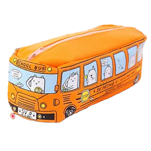 Cute Cartoon Bus Shaped Pen Case Canvas Pen Bag with Zippered Pouches Big Capacity Durable Easy to Clean Stationery Organizer for Students