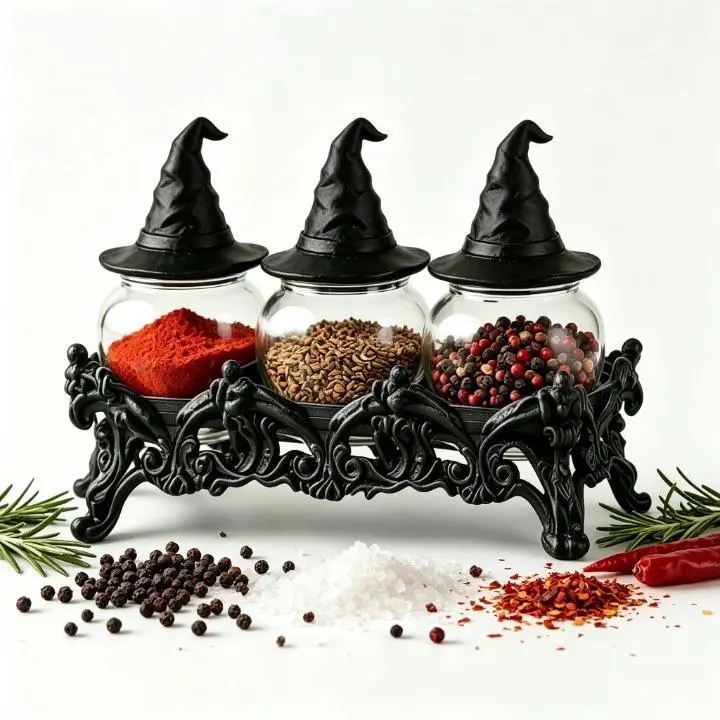 Gothic 4-Piece Premium Glass Witch Hat Apothecary Seasoning Jars with Stand - Retro Vintage Home Supplies, Handmade Decorative Storage Containers for Salt, Pepper - Witchy Home Organization Kitchen Gift, Kitchen Storage