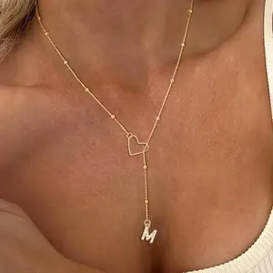 CZ Initial Lariat Necklace, 26 Letters Y-Shaped Chain with Hollow Heart Charm for Women