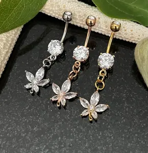 1 Piece Stunning Marquise Cut CZ Gem Flower Dangle Surgical Steel Navel / Naval Belly Ring - 14g- 10mm