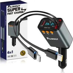 [2025 Compact] Bluetooth 5.3 Adapter, FM Transmitter Bluetooth Car Charger, 4 in 1 Retractable Car Charger For Phone, USB C Fast Charging Adapter For RV,SUV,Truck