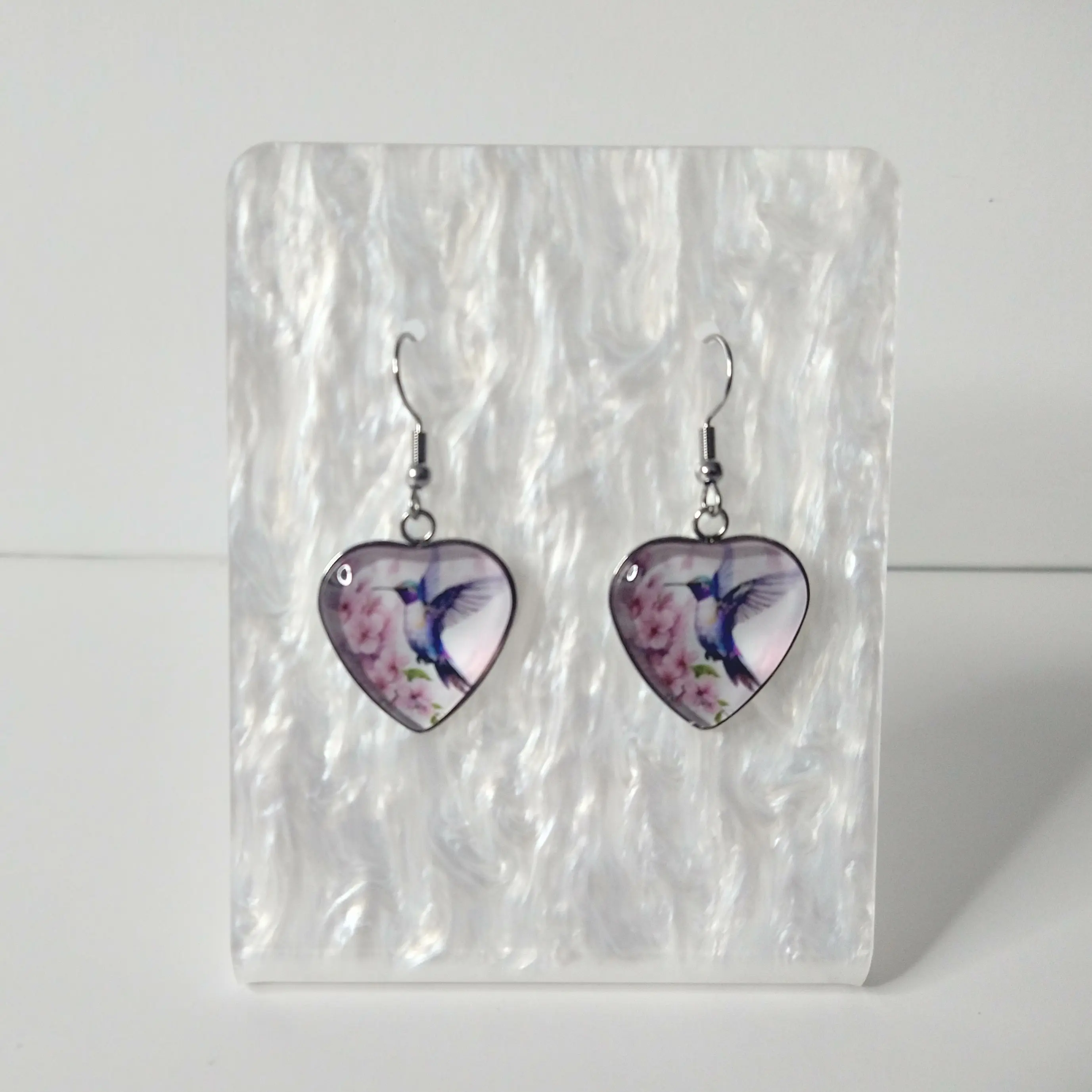#590 Hummingbird with Pink Flowers Earrings, Casual, Jewelry, Spring, Summer, Animal