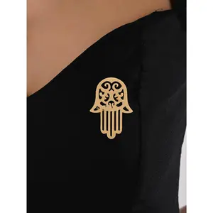 Hamsa Hand Stainless Steel Brooch, Golden Hollow Design, Niche Exotic Meaningful Accessory