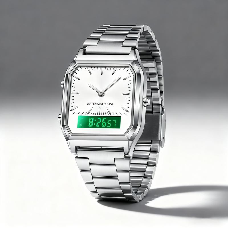 Stainless Steel Digital Sports Watch With Led Dual Display Unisex Water Resistant Quartz Wristwatch