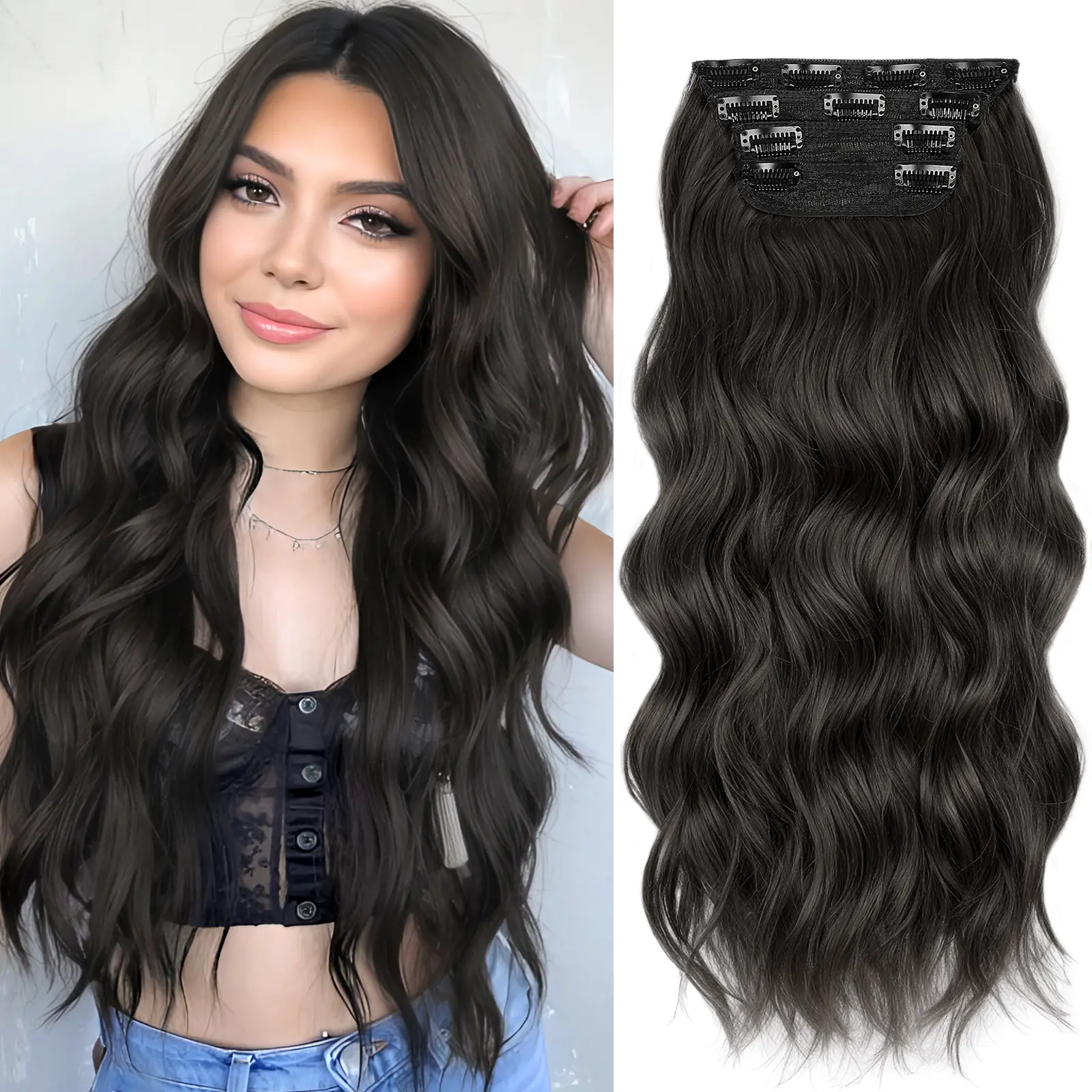 HMD Women's 4PCS Clip-in Synthetic Hair Extensions, Long Wavy Synthetic Curly Hairpieces, Thick Double Weft Fashion Accessory, Synthetic Curly Hair