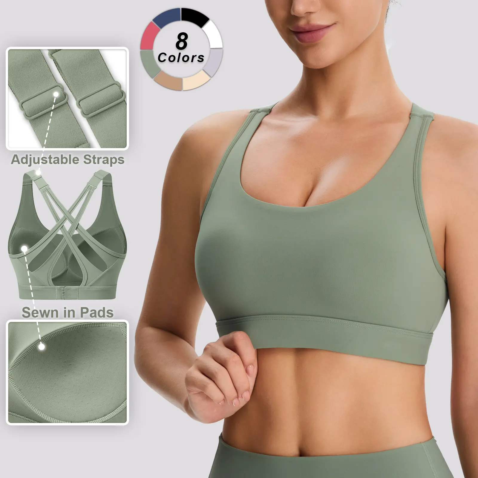 Women's High Impact Sports Bras with Sewn in Pads,4 Row Adjustable Hook-eye Closure,Crisscross Adjustable Straps Back,Soft and Comfortable Non-removable Molded Cups,Women Workout Tops for Running Yoga