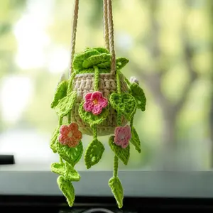 Crochet Hanging Plant for Car,Car Decorations Interior,Plant Strawberry Aesthetic Car Accessories for Women Interior Cute,Car Ornaments Charms for Rear View Mirror, Home decor, Car Interior Accessory