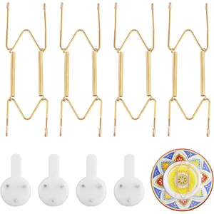 4 Pack Plate Hangers for Wall, Suitable for 6-8 inch Art Plate, Stainless Steel Invisible Heavy-Duty Wire Plate Holder with Wall Hooks, Display Hanger for Decorative Plates Dishes Platters Gold