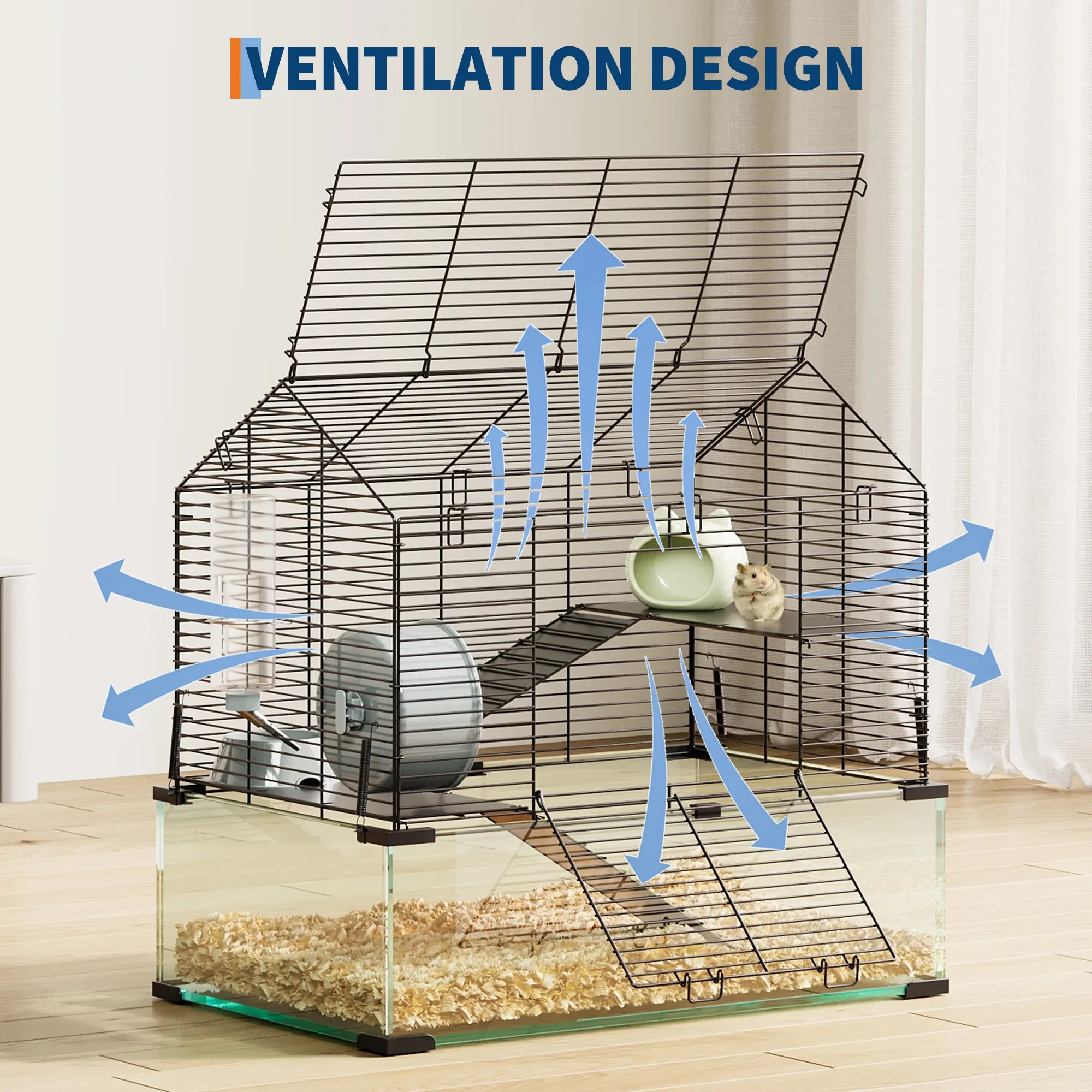 Garvee Spacious 3-Tier Glass Hamster Cage - Deep Tempered Glass Bottom, Silent Spinner Wheel, Hut, Water Bottle & Bowl, Multi-Level Habitat for Syrian, Dwarf Hamsters, Gerbils & Mice - Size: 22.83" x 15" x 21.25"