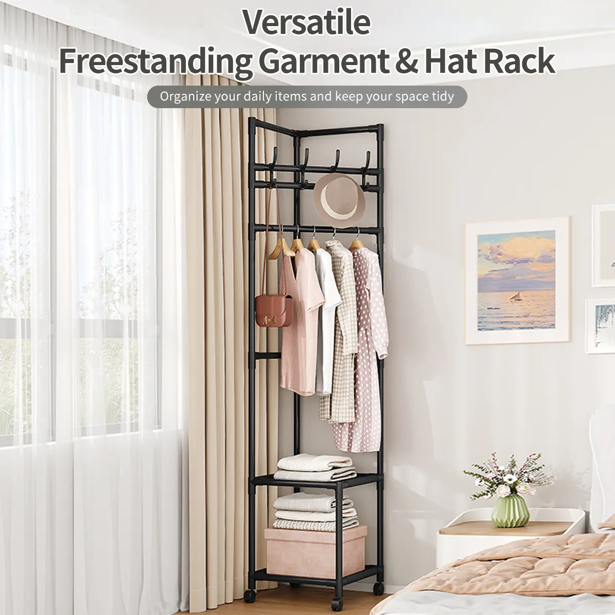 SUOERNUO Corner Garment Rack with 2 Storage Shelves, Metal Furniture with 360° Swivel Wheels, Narrow Space-Saving Home Standing Hanger for Bedroom, Living Room Interior Organizing