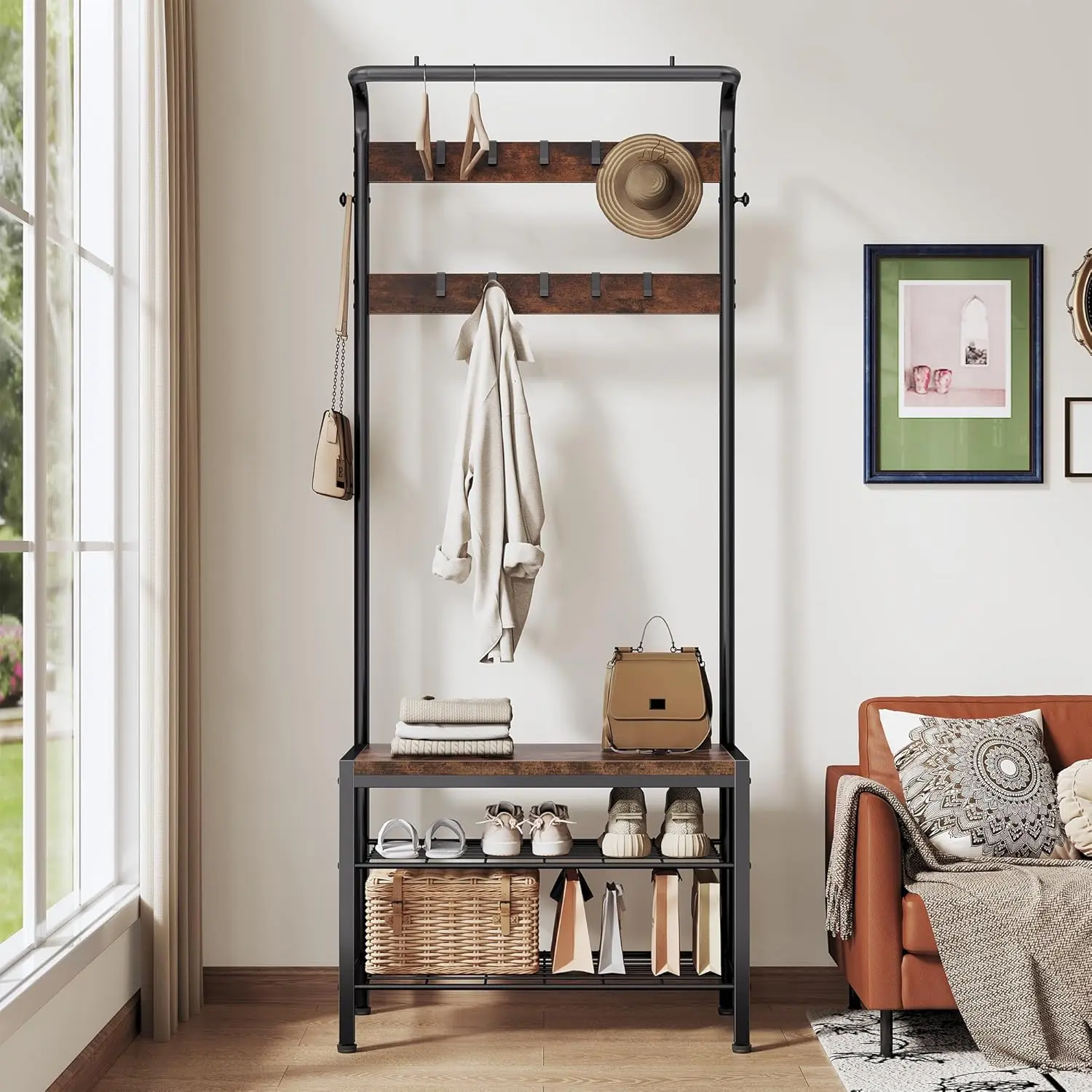 4-in-1 Entryway Coat Rack Hall Tree with Shoe Bench, Rustic Wood Organizer with 10 Hooks & Storage Shelf for Mudroom Bedroom Living Room