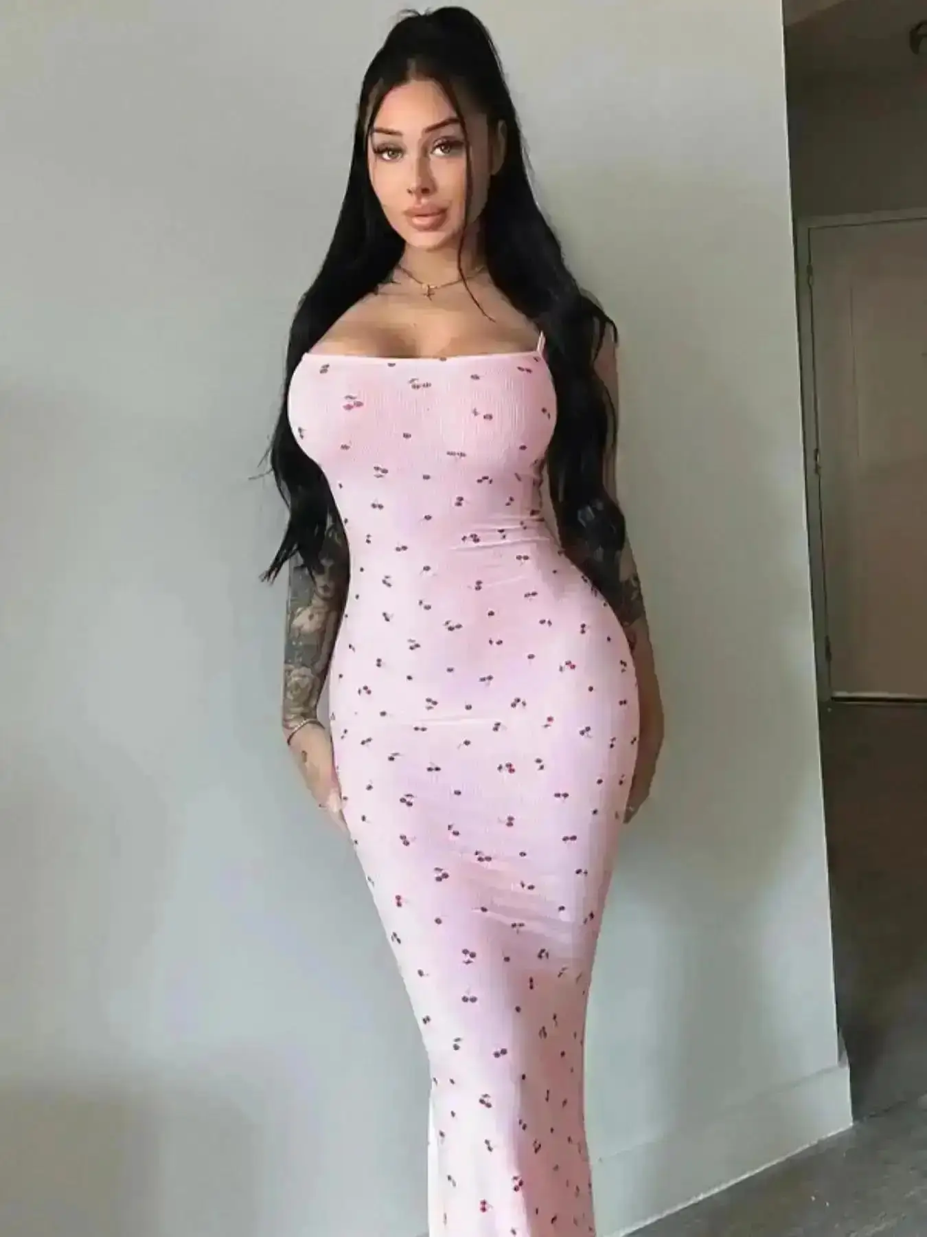 Women's Cherry Print Ribbed Cami Dress Elegant Adjustable Spaghetti Strap Bodycon Mini Dress for Party Club Date Summer Y2k Going Out, Trendy Look, Style Essential, Minimalist Chic, Everyday Comfort, Daily Essential
