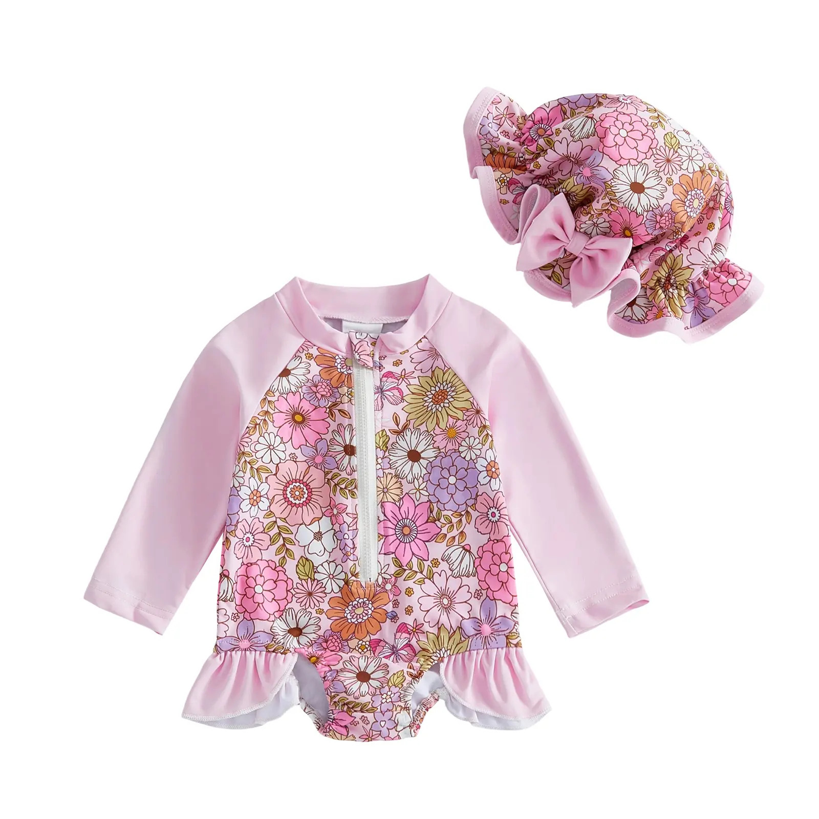 Baby Girl Swimsuit Floral Rash Guard Toddler Infant Zipper Long Sleeve Swimwear + Hat Bathing Suit Swimwear