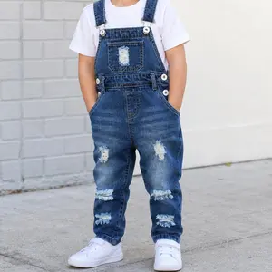 Toddler Boys Denim Overalls, Stretchy Distressed Bib Jean Pants with Adjustable Straps, 12M-5T