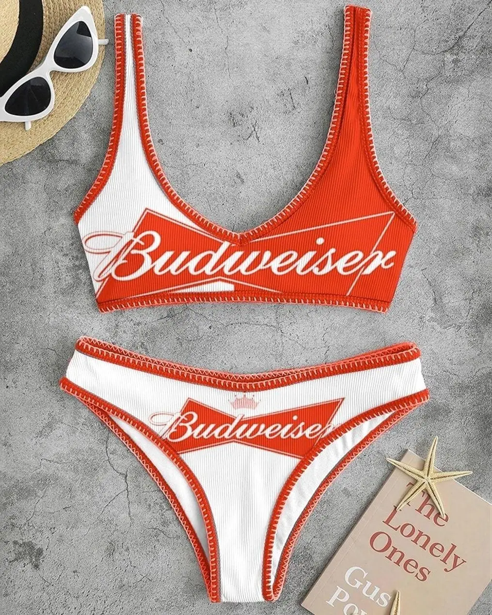 Budweiser Fashion Beach Holiday Red and White Color Print Bikini Set VMD 1JK