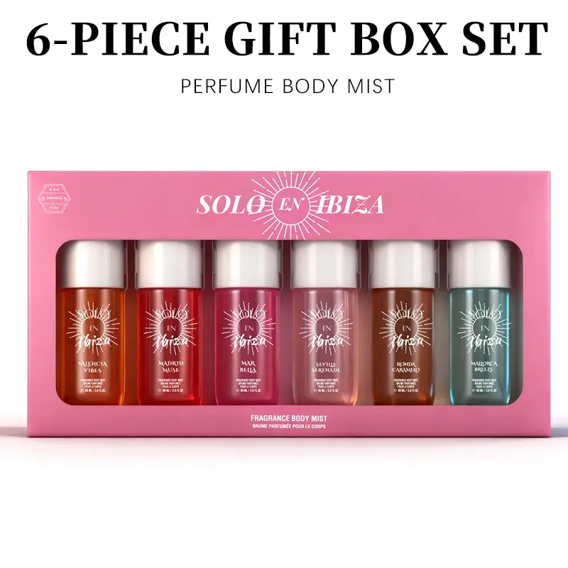 6-Piece Set, SOLO EN IBIZA Body & Hair Fragrance Mist Gift Box, Long Lasting Perfume, 6 Different Scents, Perfect For Holiday Gifts, Dating, Daily Life, Parties, 3 fl oz/bottle