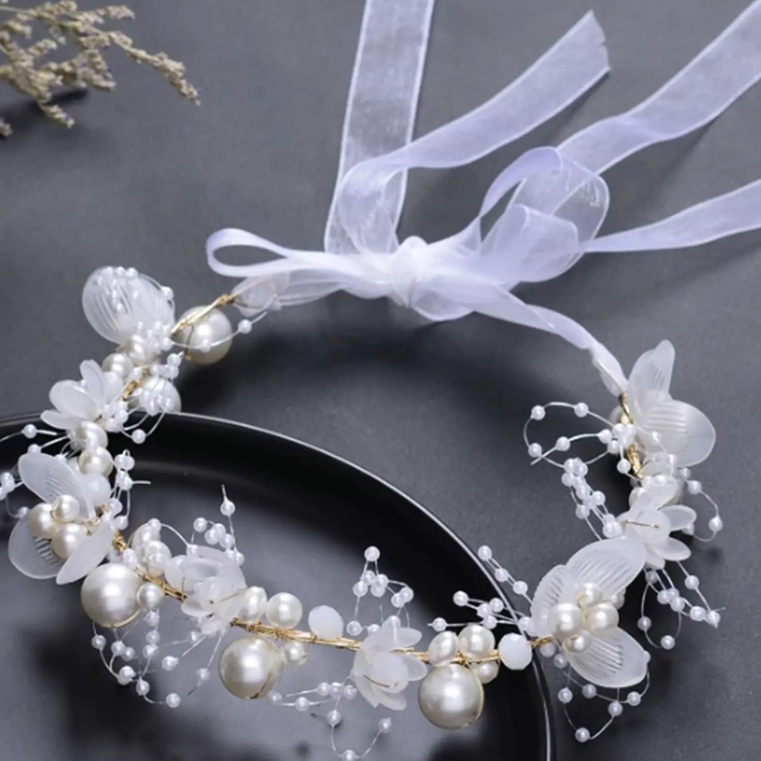 Kids' Handmade Pearl Flower Crown Headband - White, Medium, Ribbon Tie, Decorative Ribbon Headbands for Children, Girls, Wedding Party Accessory, Birthday Gift, Faux Pearls Headbands, Crown Headbands