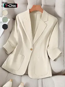 Women's Solid Color Woven Button Fitted Blazer, Casual Basic Long Sleeve Lapel Neckline Outerwear for Work Office Business, Ladies Clothes for All Seasons Womenswear Piece