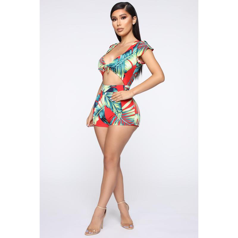Waist No Time Tropical Romper - Red/combo