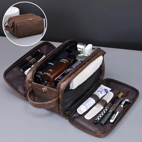 Men's PU Leather Water-Resist Carry Hanging Travel Toiletry Bag with Handles - Dopp Kit Zip Pouch, Portable Vanity, Cosmetic Storage, Grooming & Bathroom Shaving Essentials, Cool Gifts for Guys