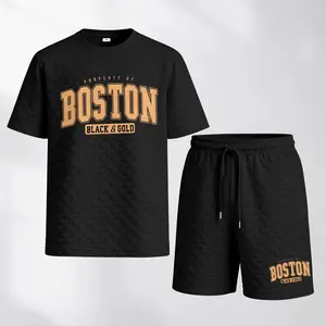 Men's Spring And Summer Boston Print With Red And Black Line Checkered Fabric Drawstring Shorts Set, Casual Summer Outfit With Short-Sleeved Shirt And Shorts, Ideal For Everyday Wear And Sports Activities