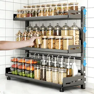 Kitchen Spice Rack | Three-Tier Height-Adjustable Standing Spice Rack | Large-Capacity Rust-Proof Metal Seasoning Storage Rack | Kitchen Storage Rack, Suitable for Pantries and Bathrooms (Length 50cm × Height 54cm, Black) Home Holiday Decor Gift