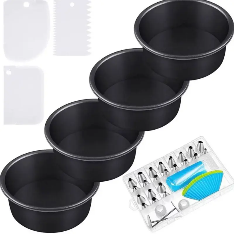 4-Inch Black Bakeware Set, 4-Piece Nonstick Round Springform Cake Pans with 33-Piece Cake Decorating Tools Kit for Home Parties
