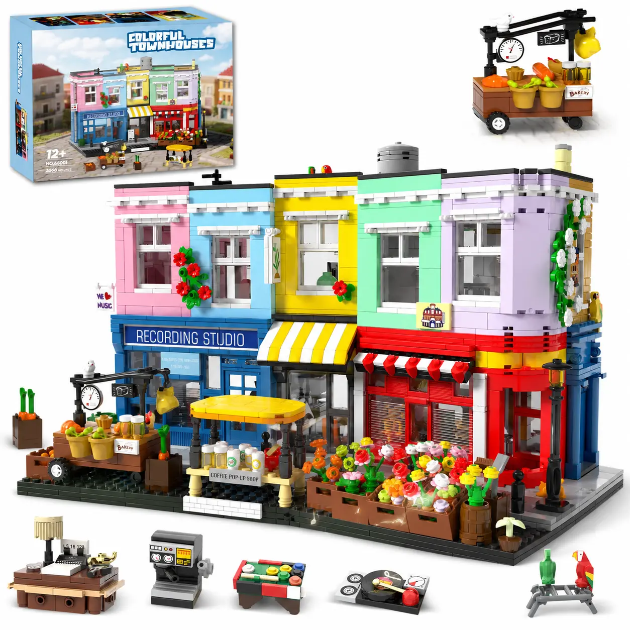 TOKMOC 2666 Pieces City Street Scene Colorful House Building Block Kit -  London Architecture Market Street Building Set with Recording Studio, Coffee Shop, Bakery & Flower Shop, Street View House Building Blocks for Aged 12 And Above