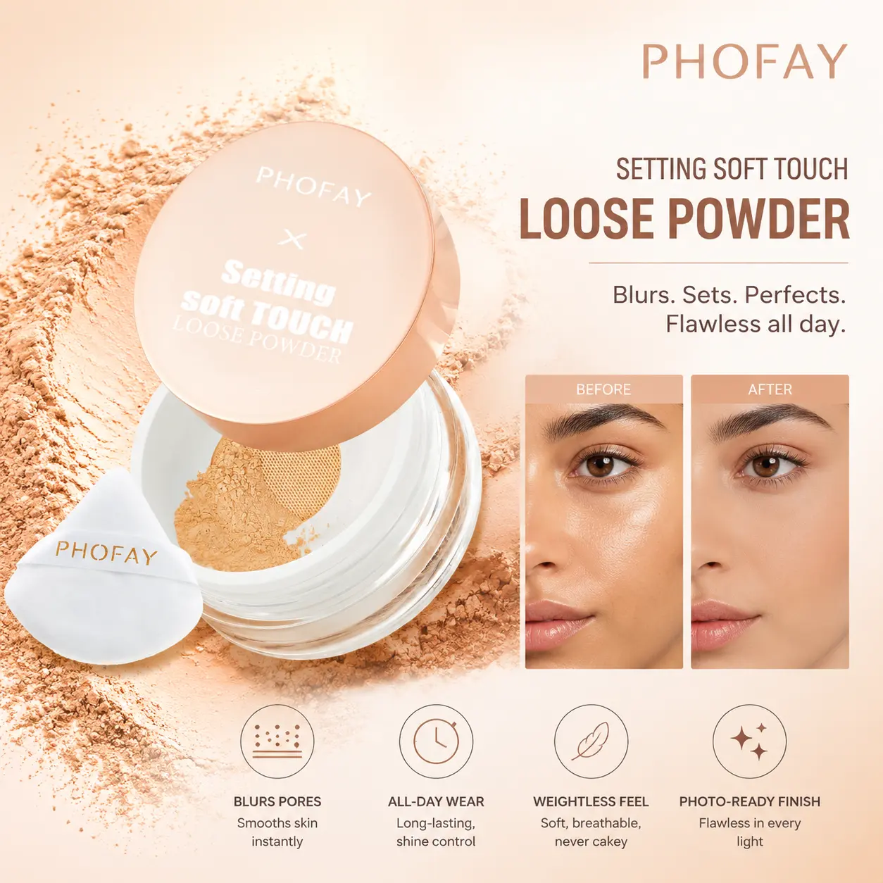 PHOFAY Soft Touch Loose Setting Powder 10g, Daily Wear Sweat Resistant Weightless Matte Finishing Powder, Oil Managing Makeup Fixing Loose Powder with Matching Triangle Puff for T-Zone